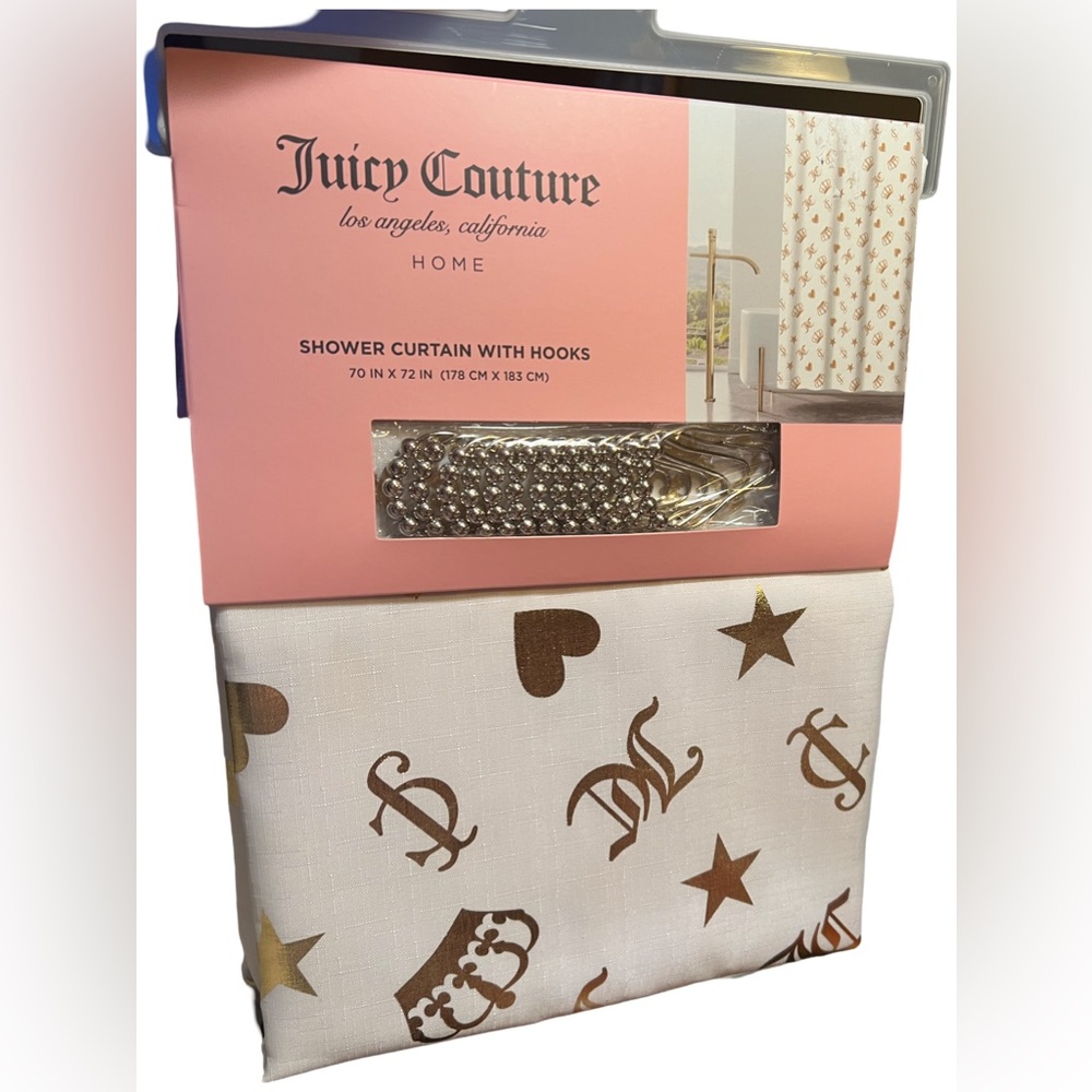 Juicy Couture NWT White Metallic Gold Crowns Hearts Stars Fabric Shower Curtain - Picture 3 of 6